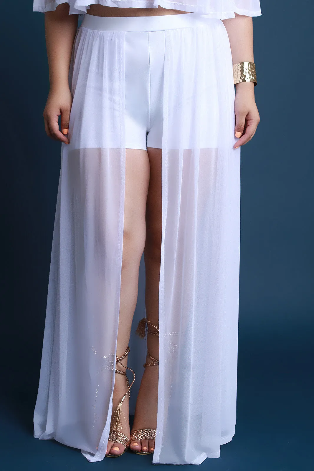 Open Front Mesh High Waisted Shorts Maxi Skirt