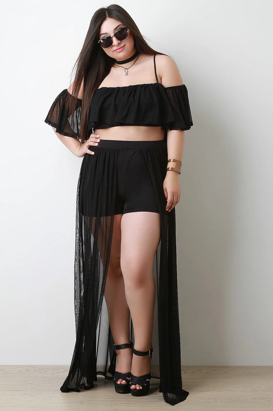 Open Front Mesh High Waisted Shorts Maxi Skirt