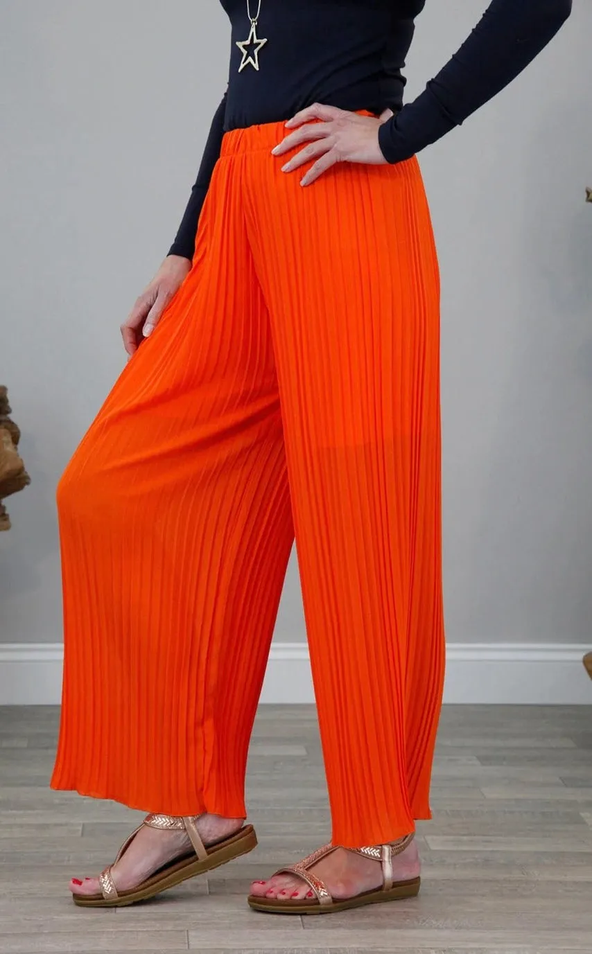 Orange Chiffon Pleated Wide Leg Trousers