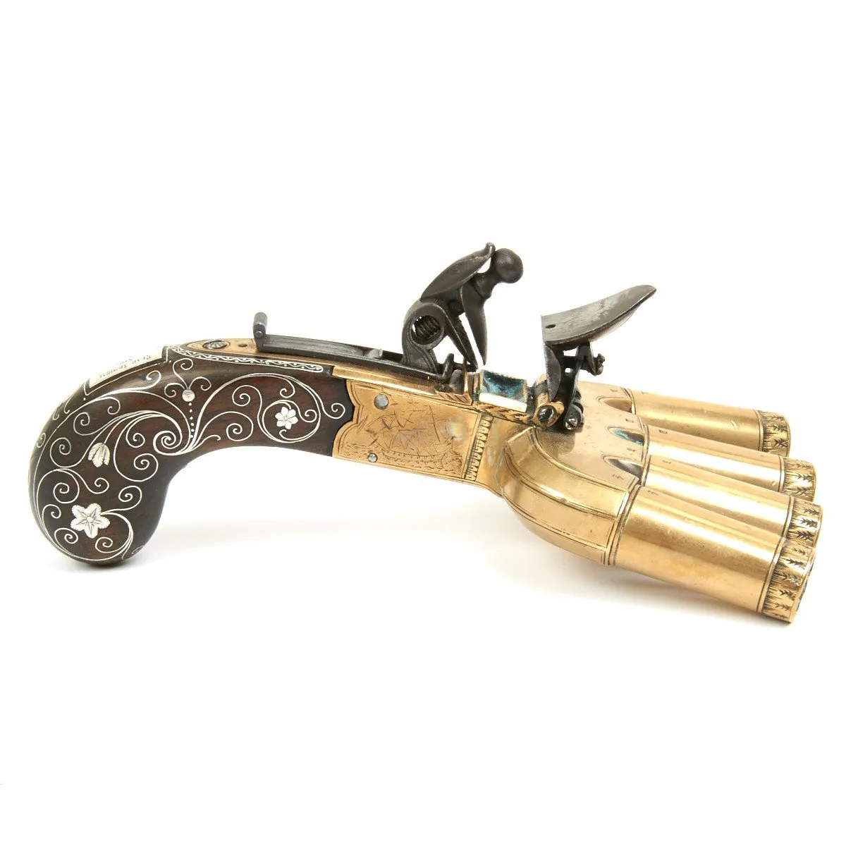 Original Cased Bronze Flintlock Ducks Foot Pistol by Nock Named to Rear Admiral Sir Home Riggs Popham Dated 1814