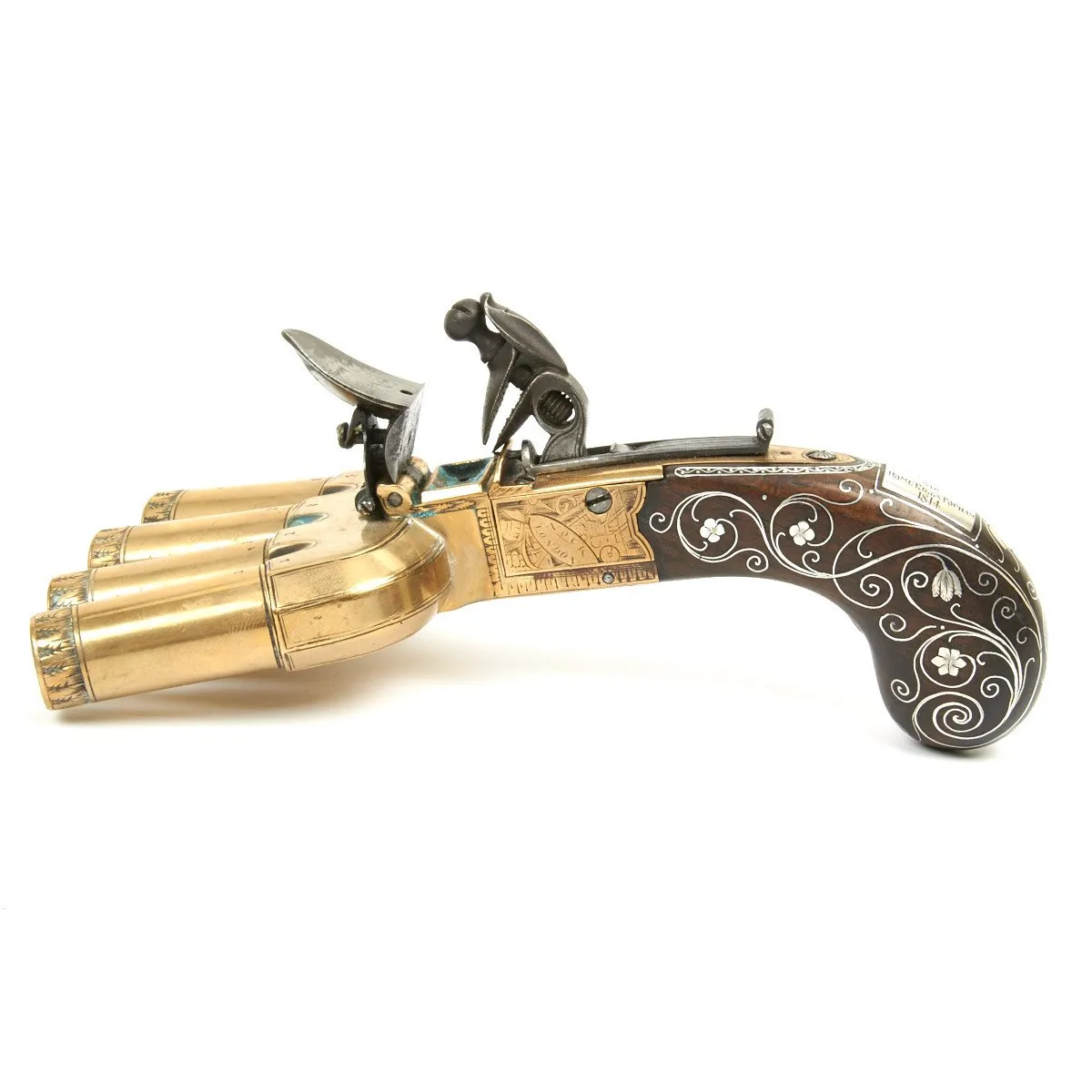 Original Cased Bronze Flintlock Ducks Foot Pistol by Nock Named to Rear Admiral Sir Home Riggs Popham Dated 1814