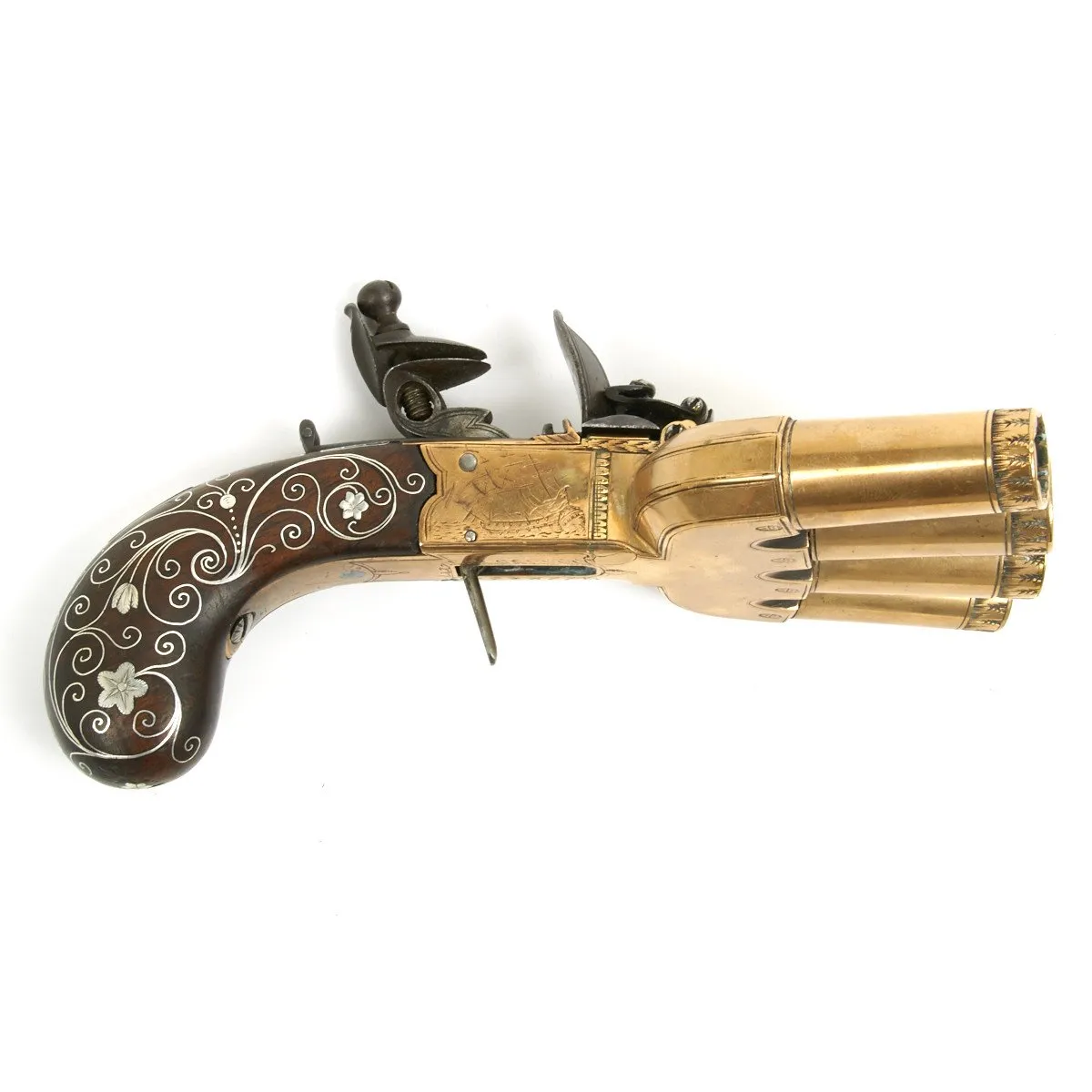 Original Cased Bronze Flintlock Ducks Foot Pistol by Nock Named to Rear Admiral Sir Home Riggs Popham Dated 1814