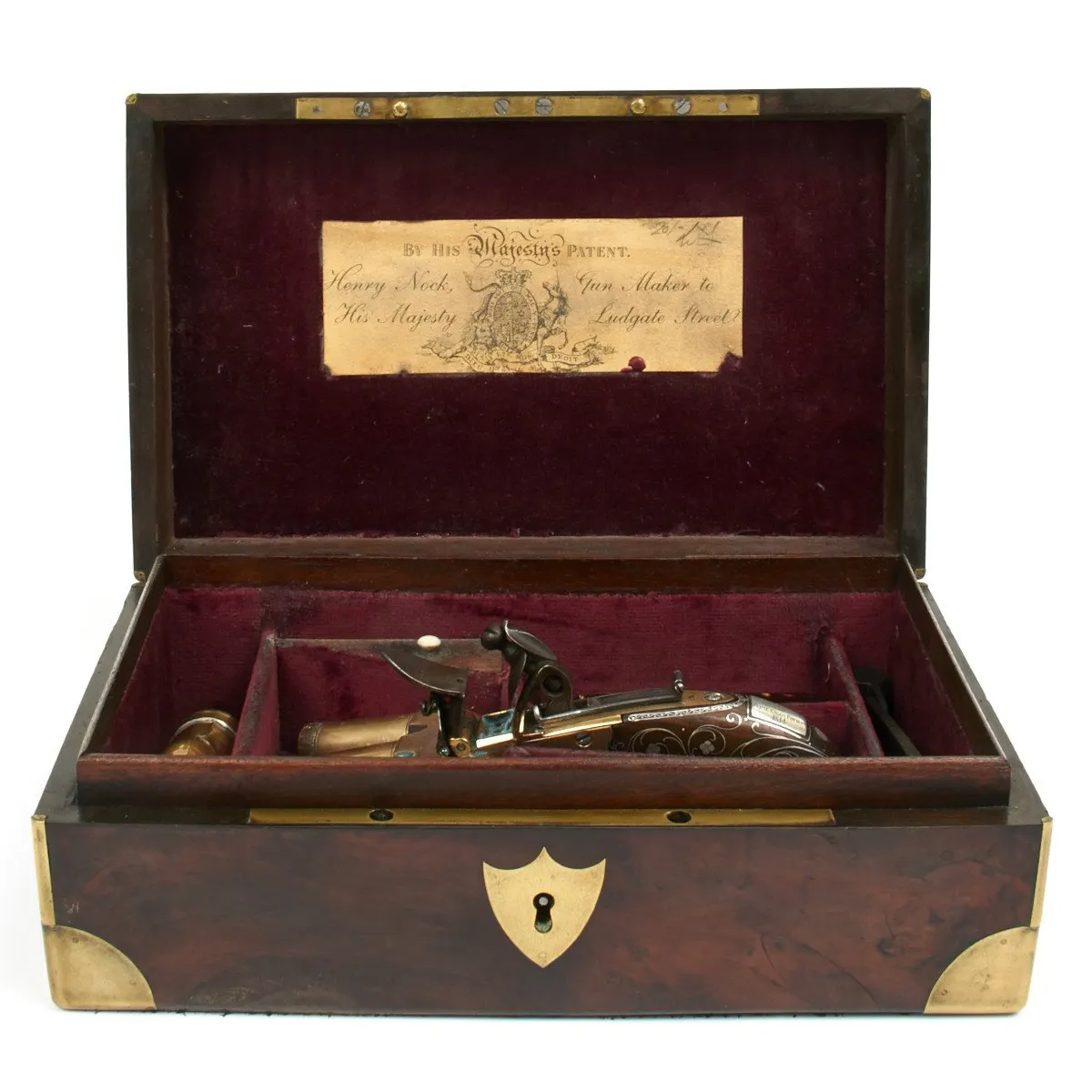 Original Cased Bronze Flintlock Ducks Foot Pistol by Nock Named to Rear Admiral Sir Home Riggs Popham Dated 1814