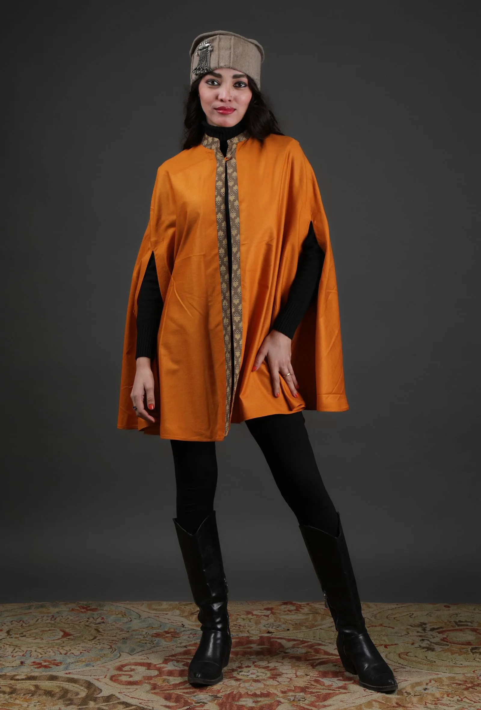 Parehaa Mustard Cashmilon Front-Open Overlay Cape With Ajrakh Detailing