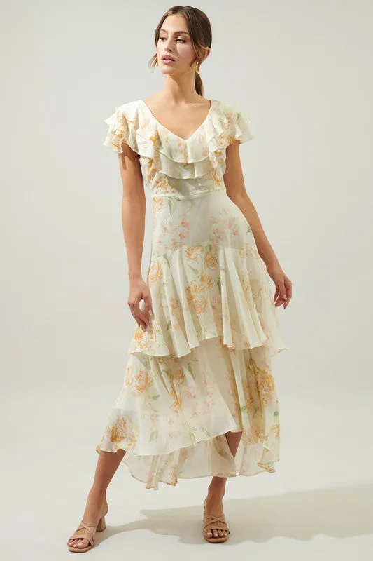 Peach-Mult Sunburst Ruffle Tiered Sinclair Midi Dress