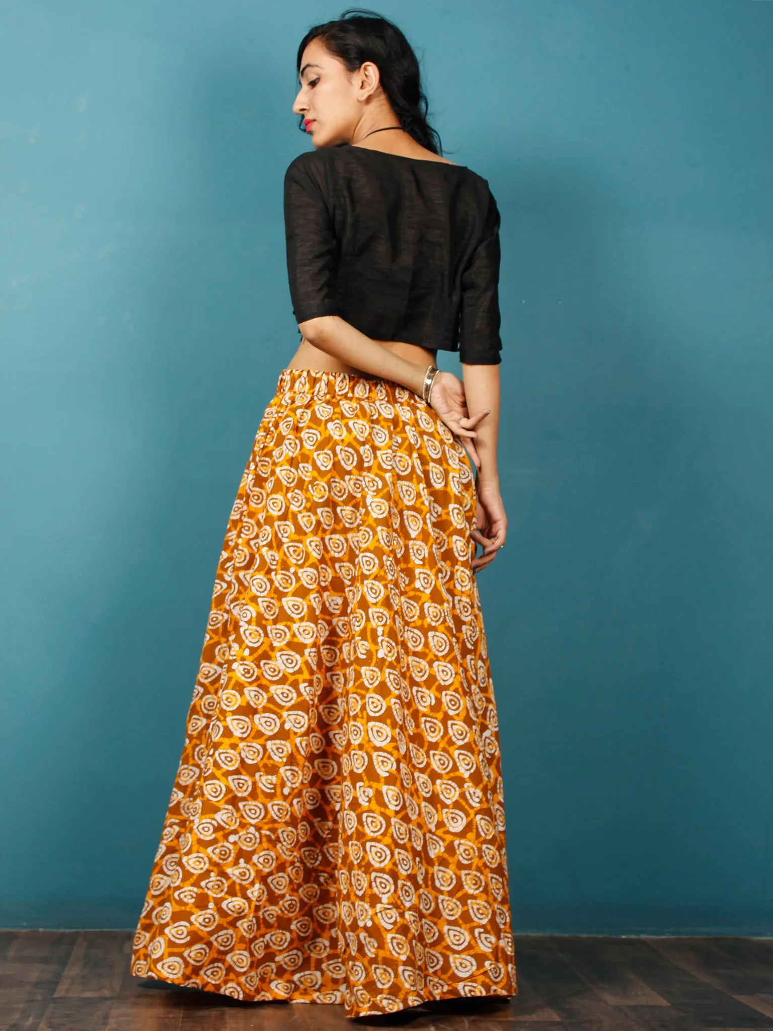 Peanut Brown Yellow White Hand Block Printed Skirt  - S40F343