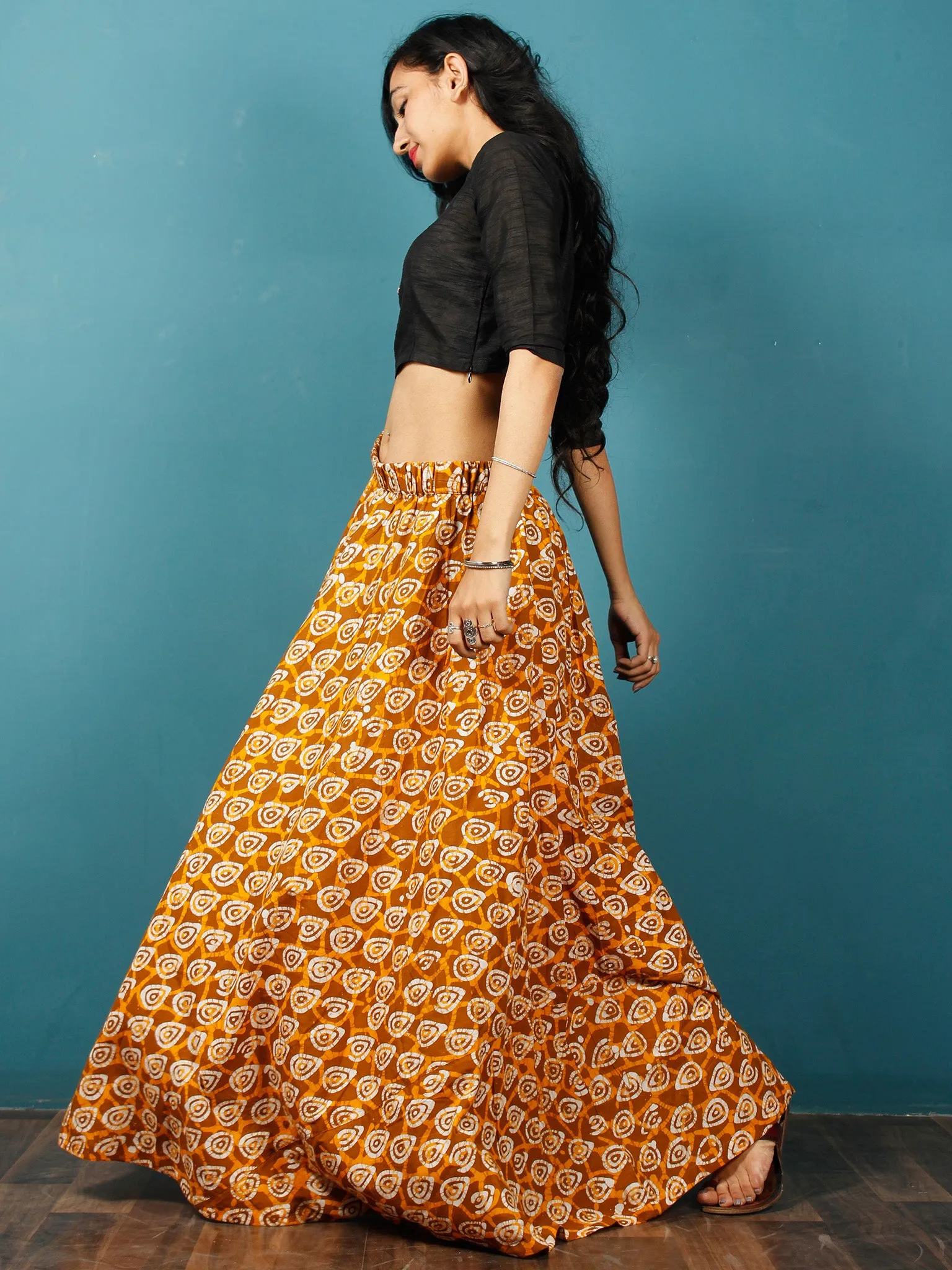 Peanut Brown Yellow White Hand Block Printed Skirt  - S40F343