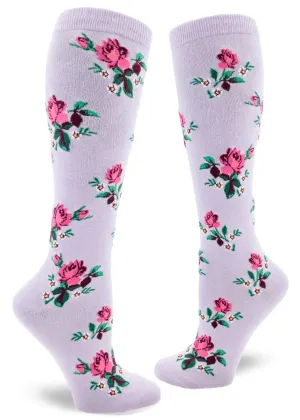 Pink Roses on Lavender Women's Knee High Socks