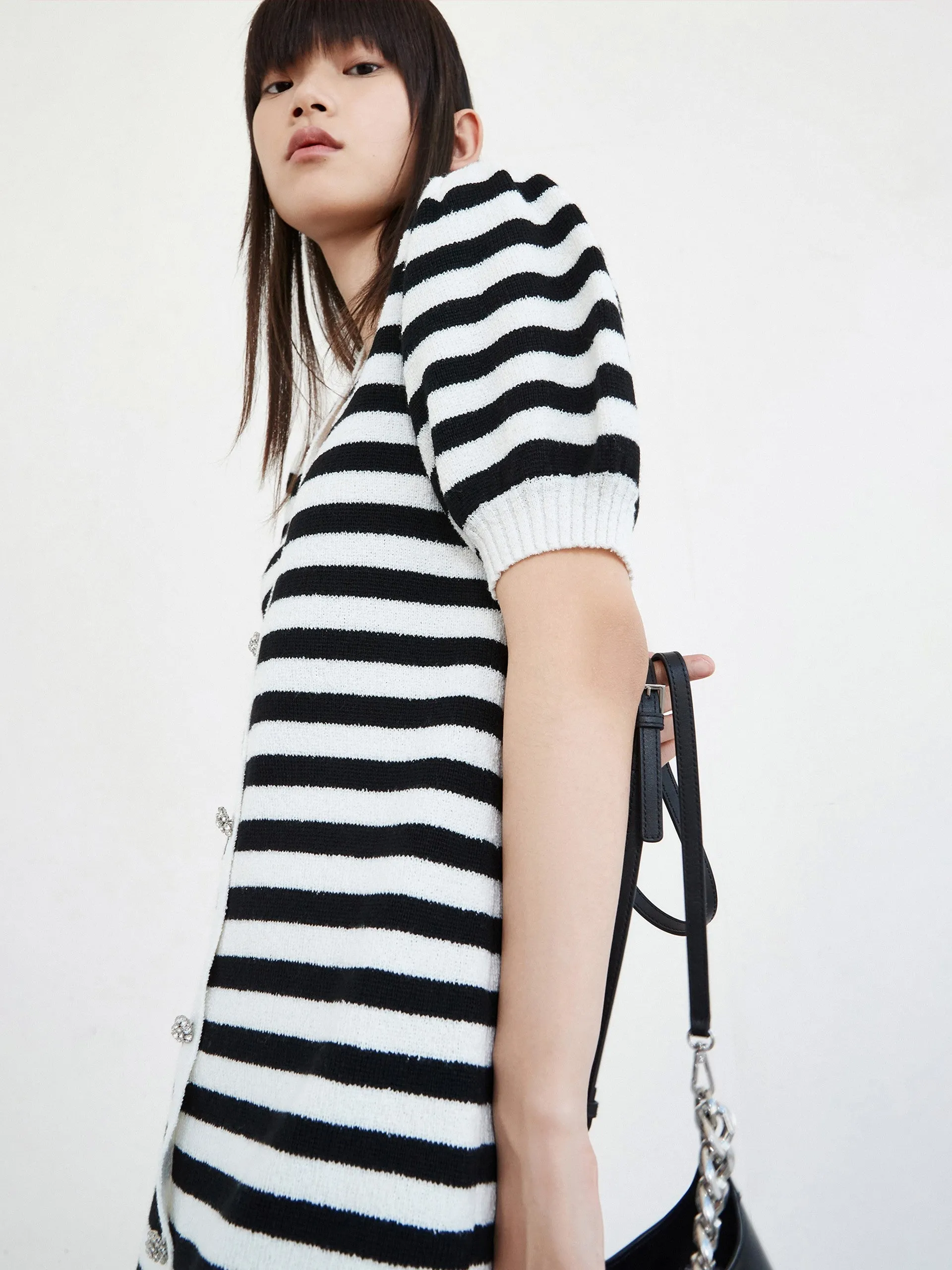 Puff Sleeve Wool Blend Striped Dress