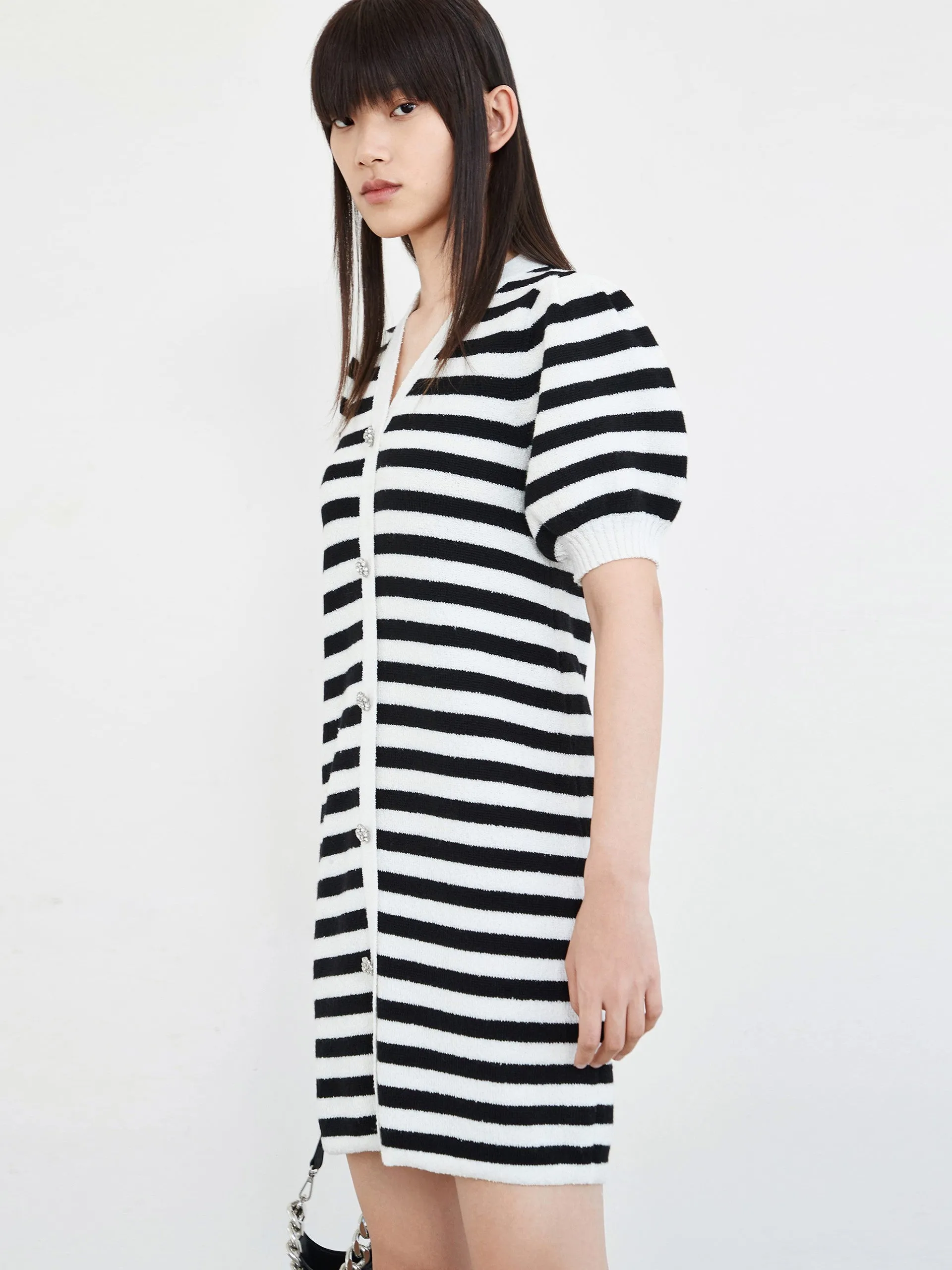 Puff Sleeve Wool Blend Striped Dress