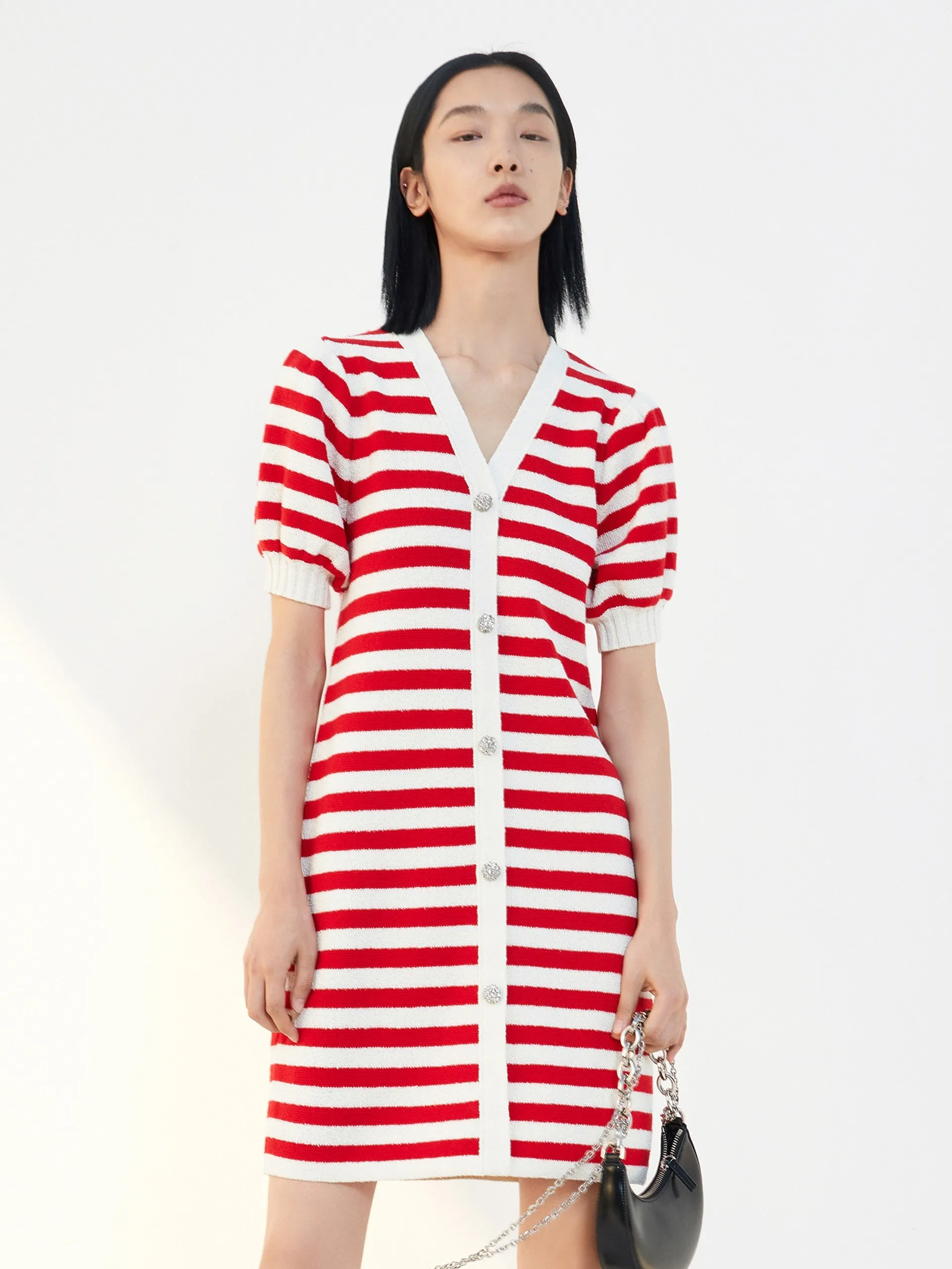 Puff Sleeve Wool Blend Striped Dress