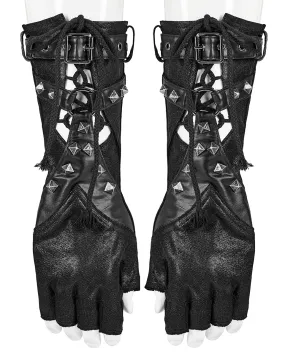 Punk Rave Mens Apocalyptic Gothic Studded Lace Up Fingerless Gauntlet Gloves