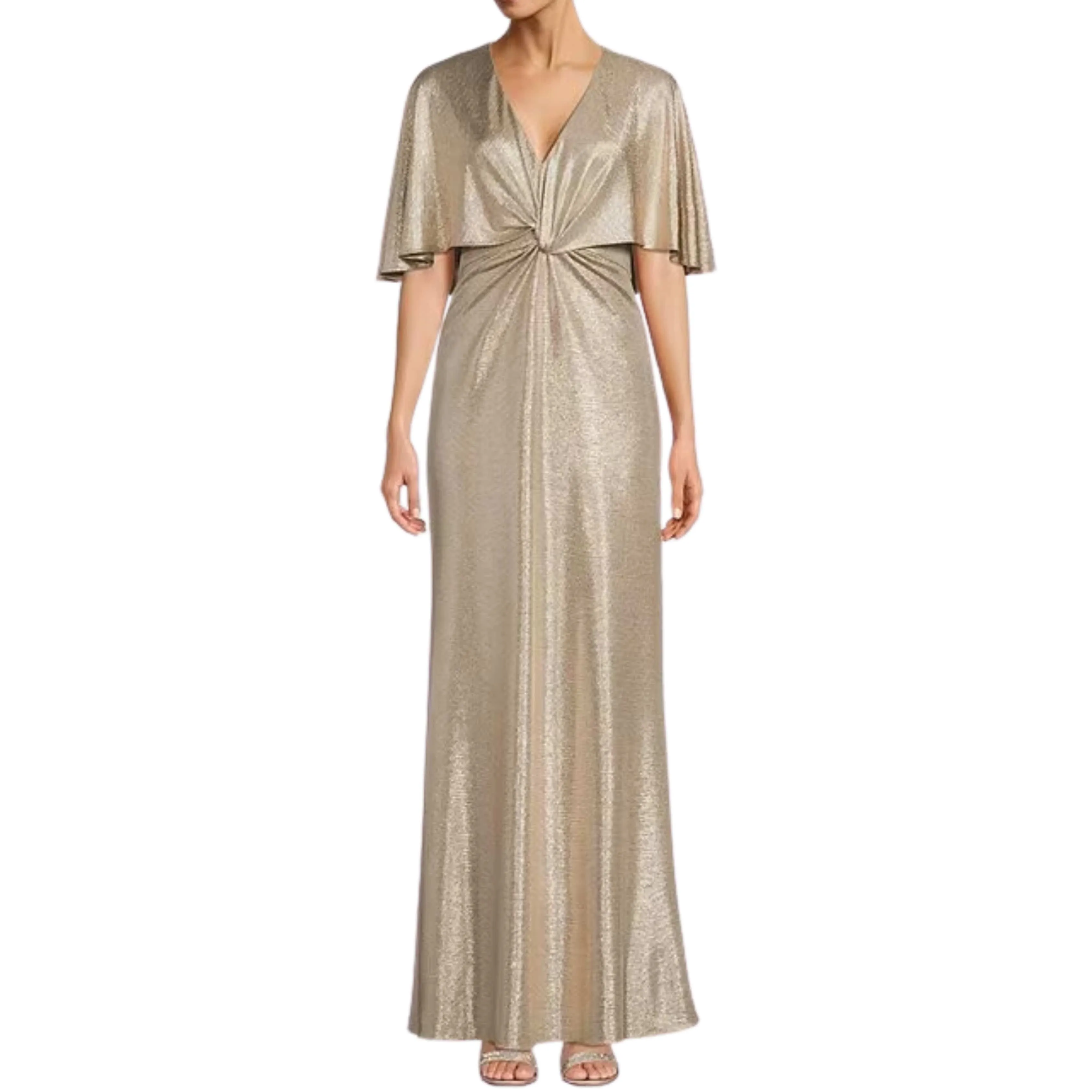 RALPH LAUREN - Metallic V-Neck Sleeveless Cape Overlay Gown Dress