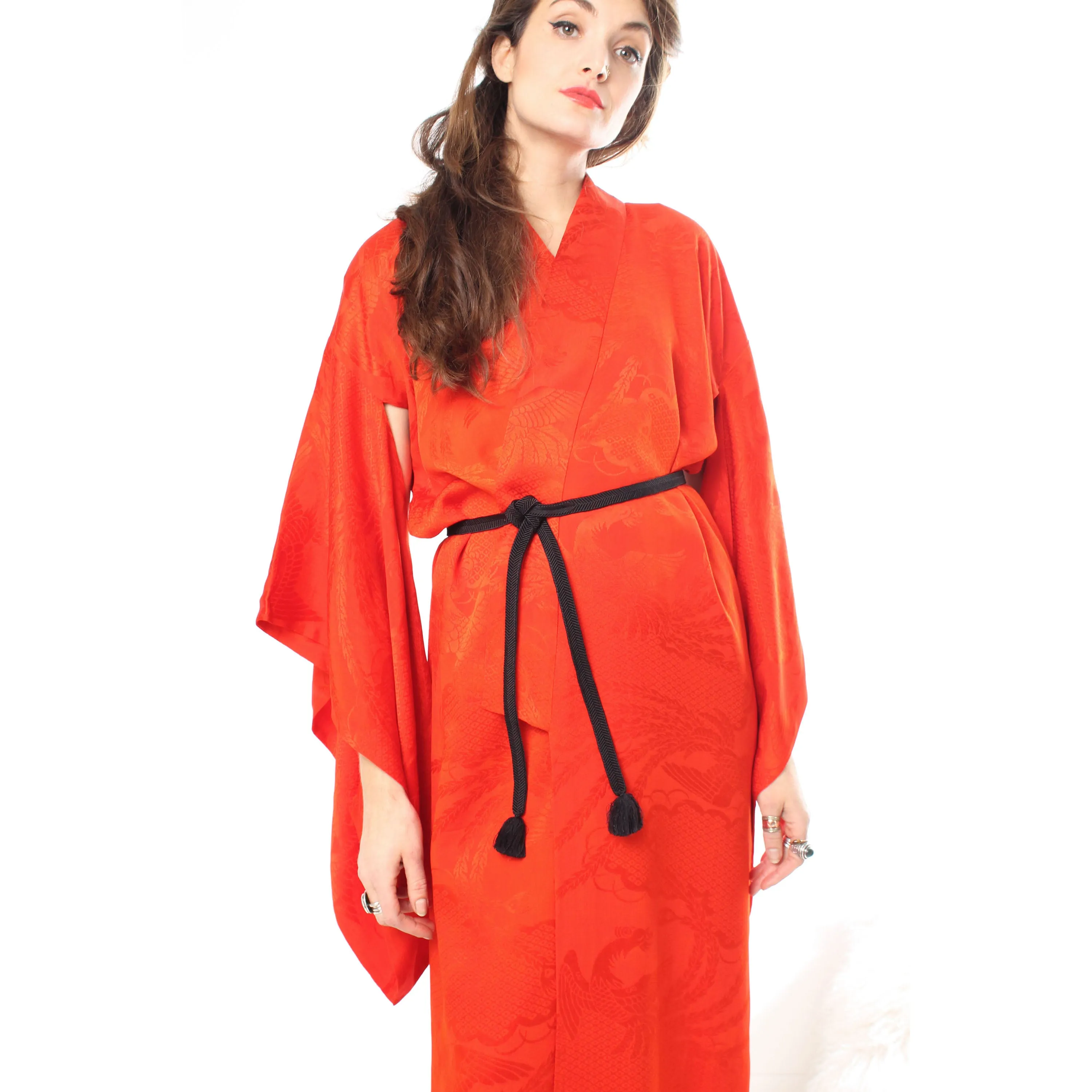 Red Phoenix Birds Silk Kimono