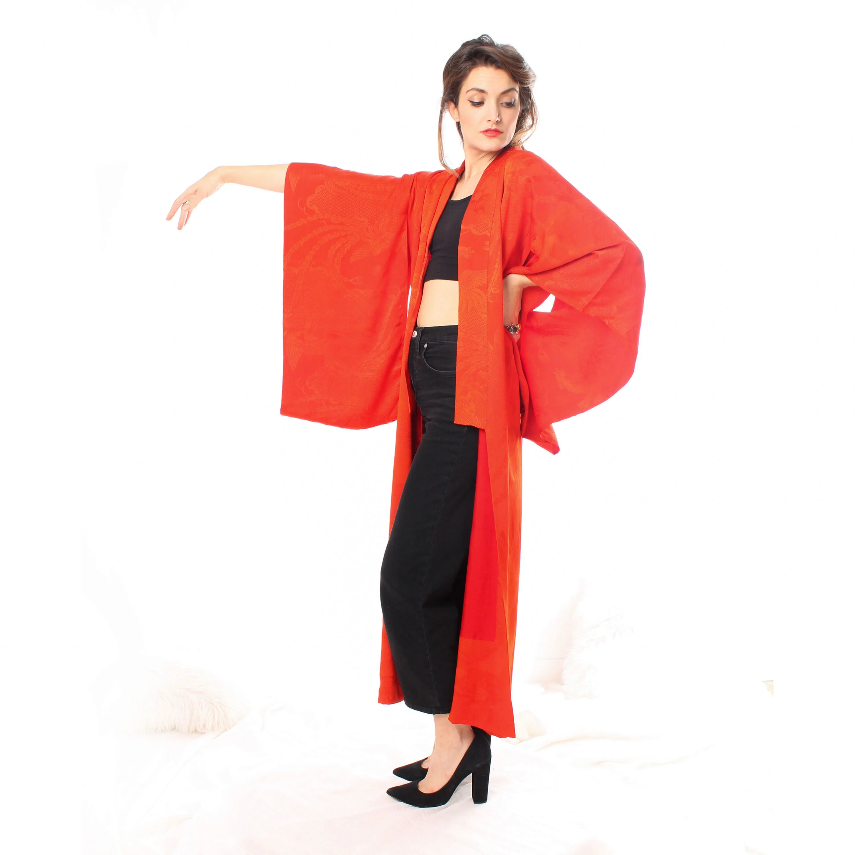 Red Phoenix Birds Silk Kimono