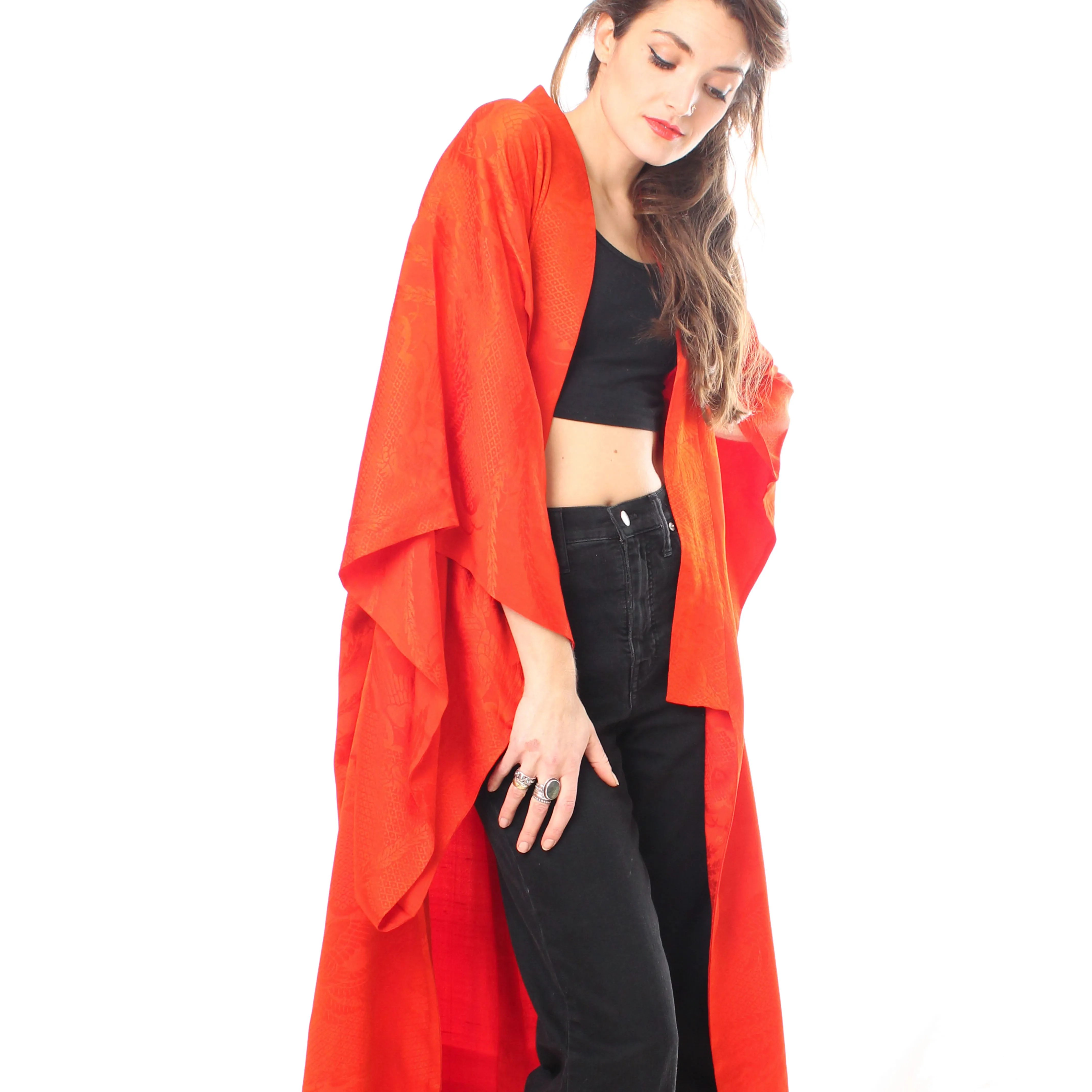 Red Phoenix Birds Silk Kimono