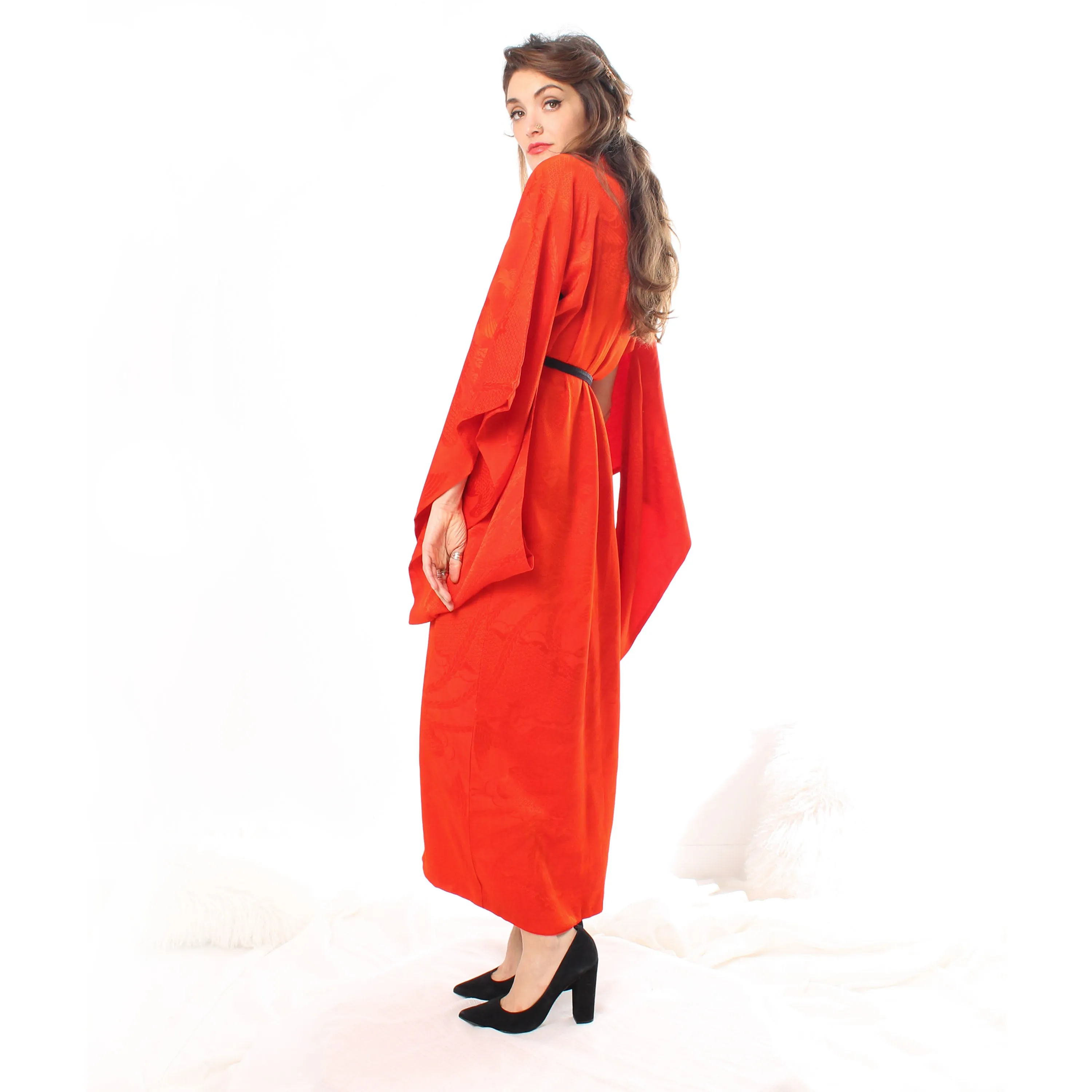 Red Phoenix Birds Silk Kimono