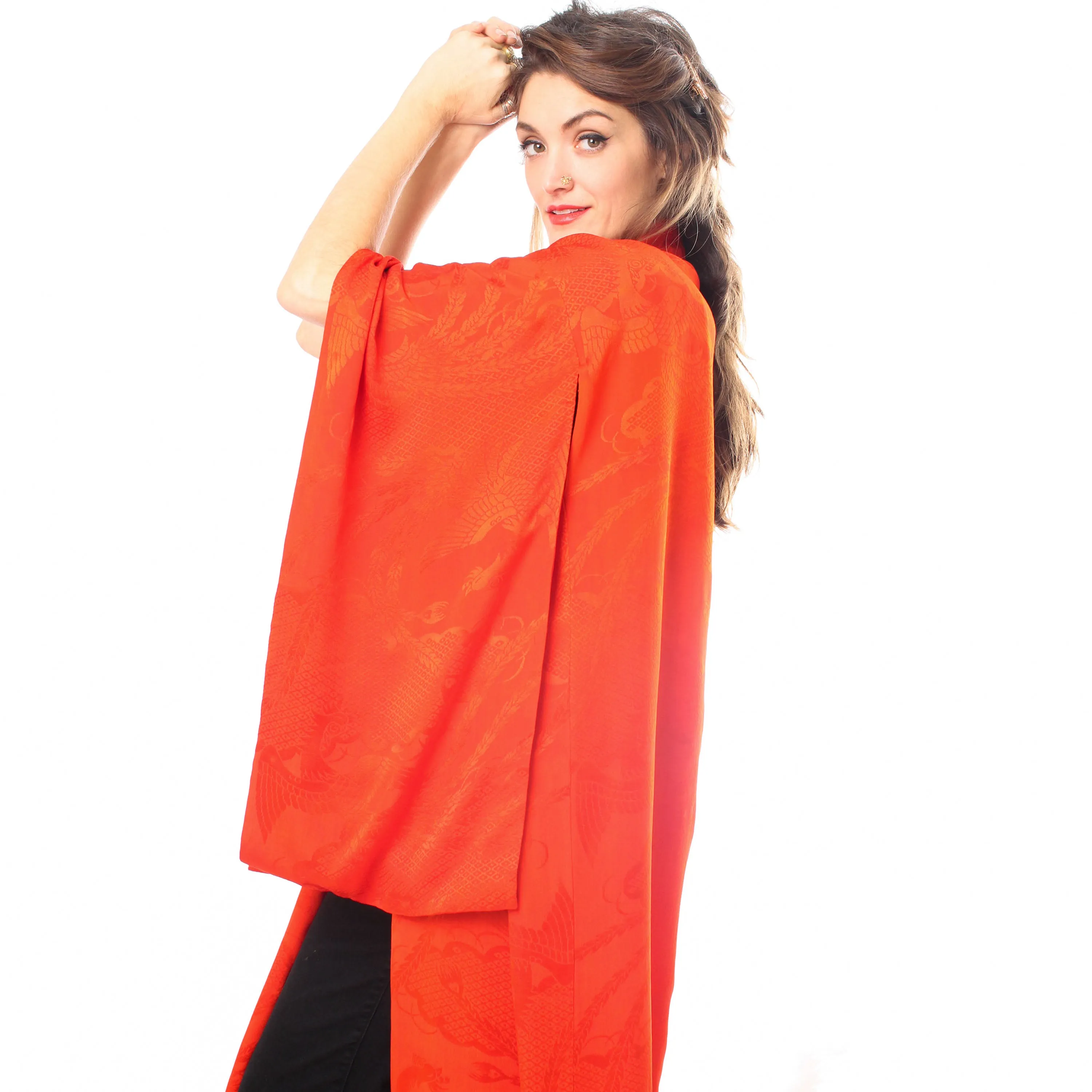 Red Phoenix Birds Silk Kimono