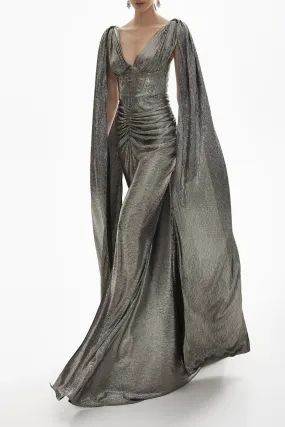 Sari Platinum Metallic Light Crepe Dress With Capes