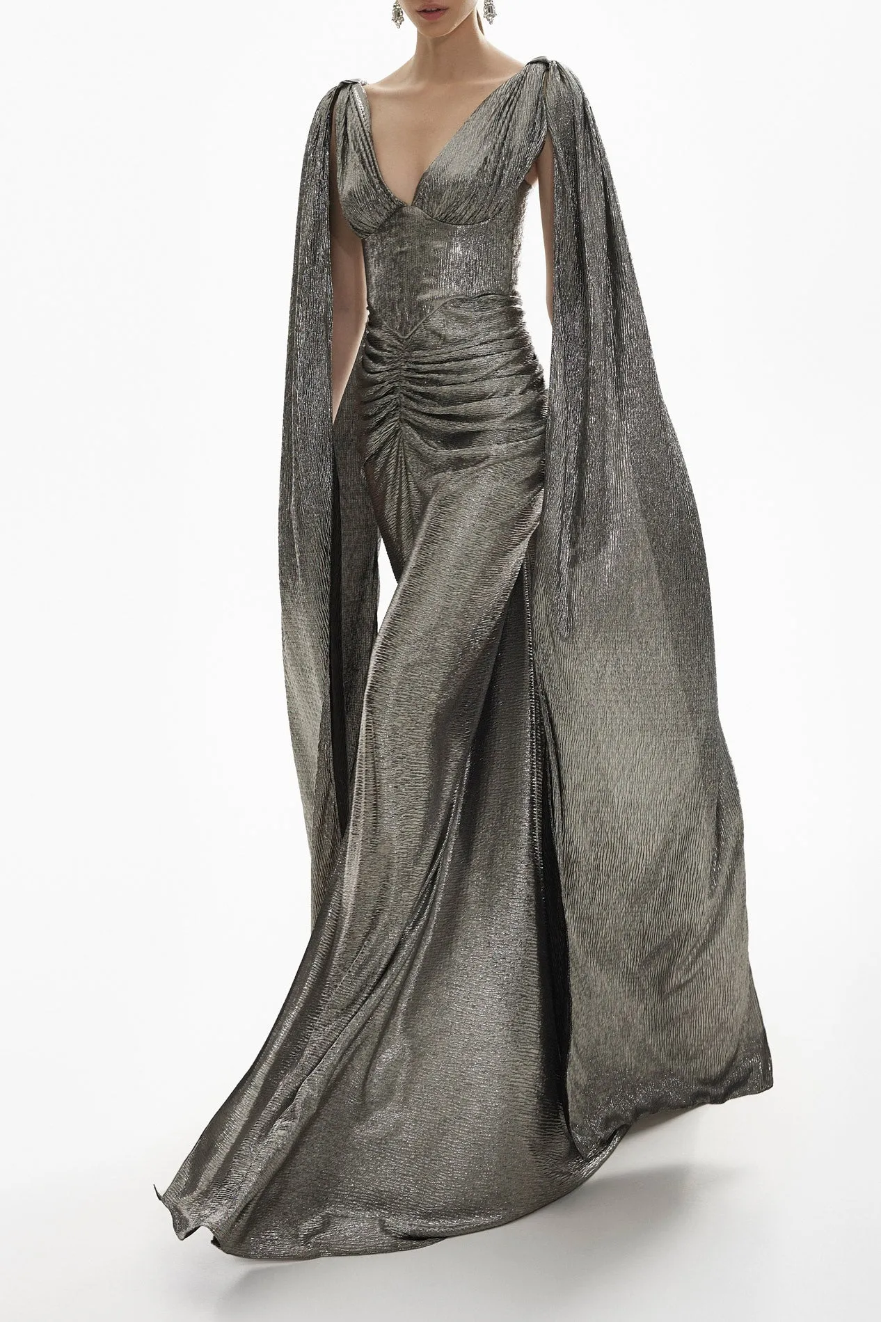 Sari Platinum Metallic Light Crepe Dress With Capes