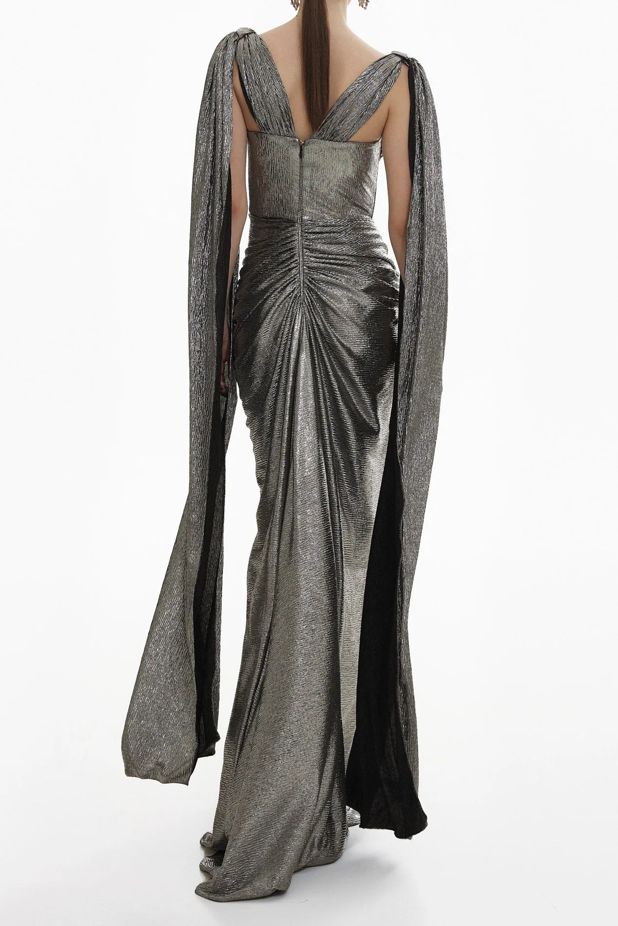 Sari Platinum Metallic Light Crepe Dress With Capes