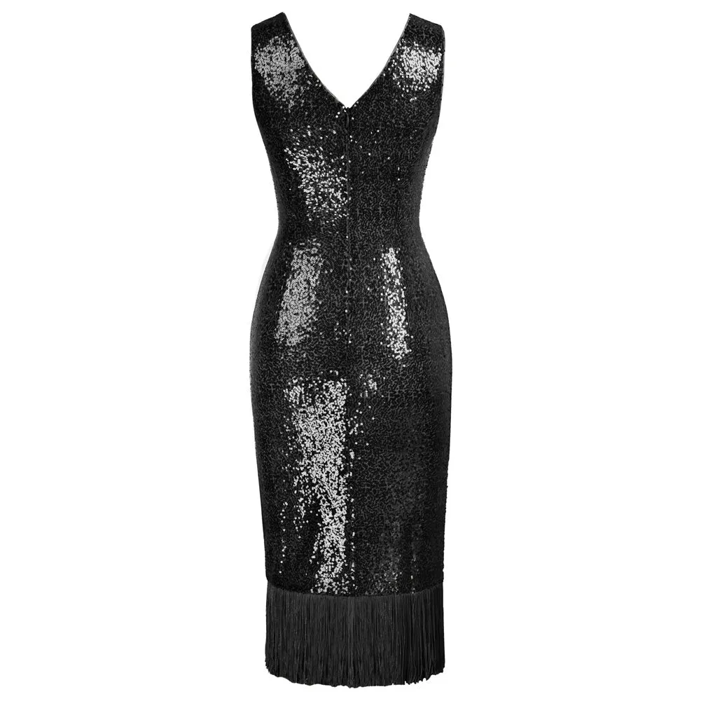 Seckill Offer⌛Sequined Sleeveless V-Neck Tassel Decorated Wrap Hem Party Dress