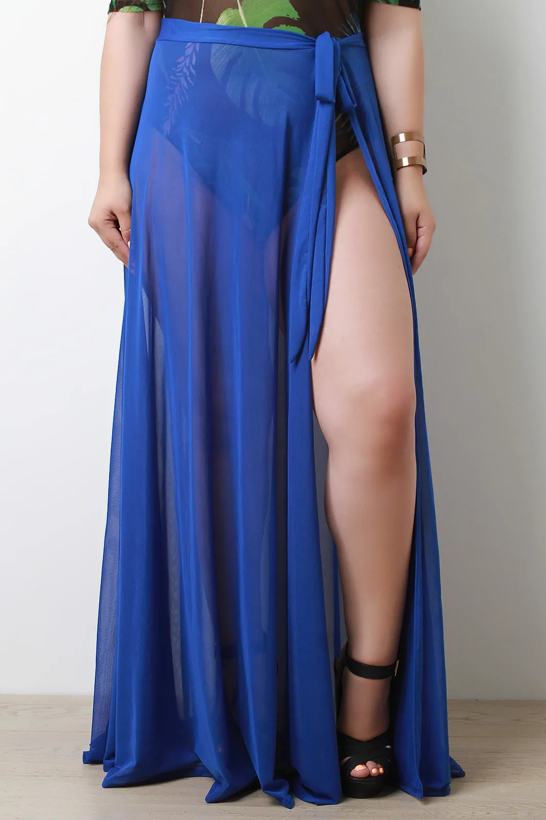 Semi-Sheer Mesh Self-Tie Cover Up Maxi Skirt