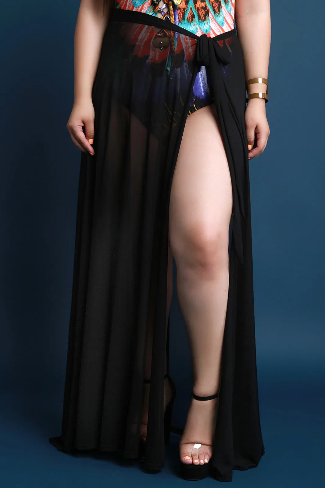 Semi-Sheer Mesh Self-Tie Cover Up Maxi Skirt