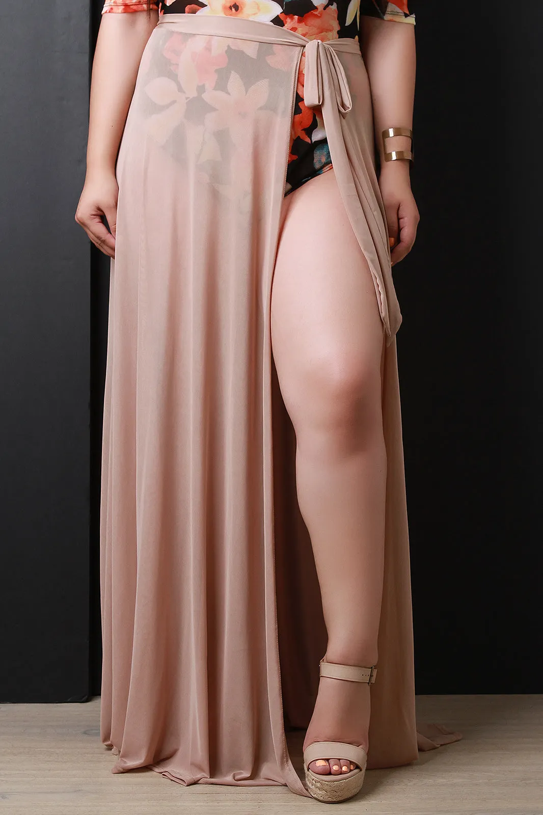 Semi-Sheer Mesh Self-Tie Cover Up Maxi Skirt