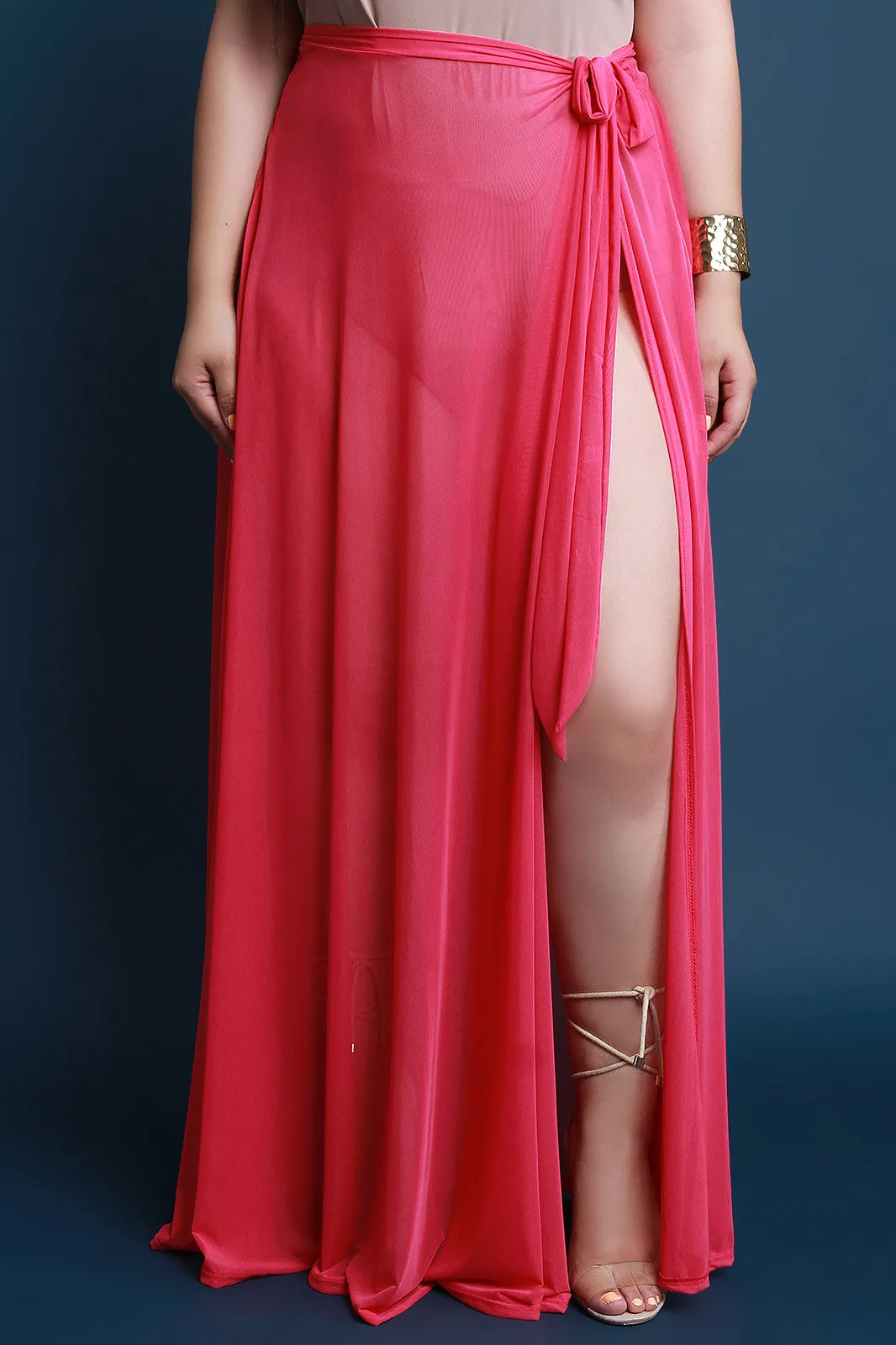 Semi-Sheer Mesh Self-Tie Cover Up Maxi Skirt