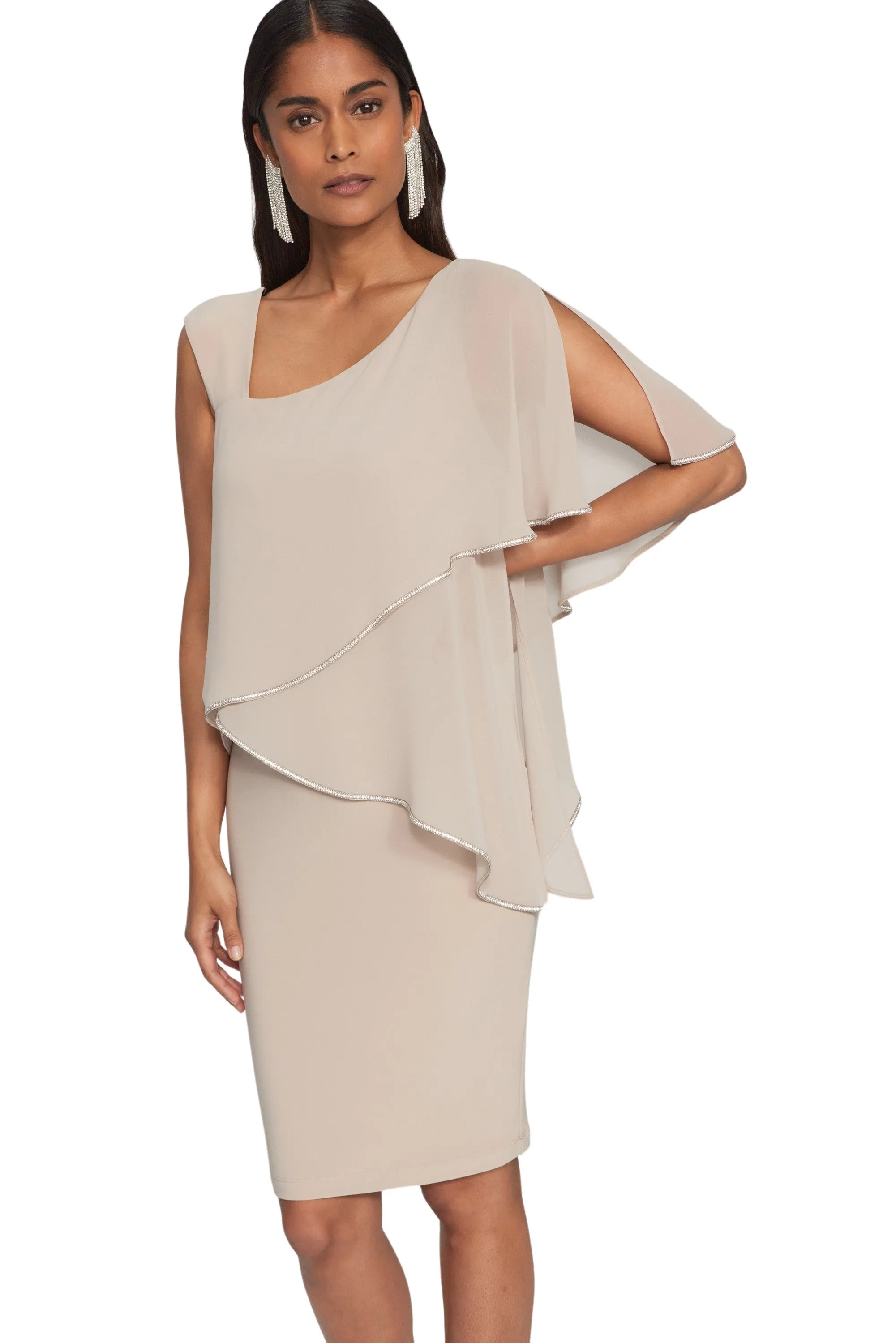 Silky Knit and Chiffon Asymmetrical Sheath Dress