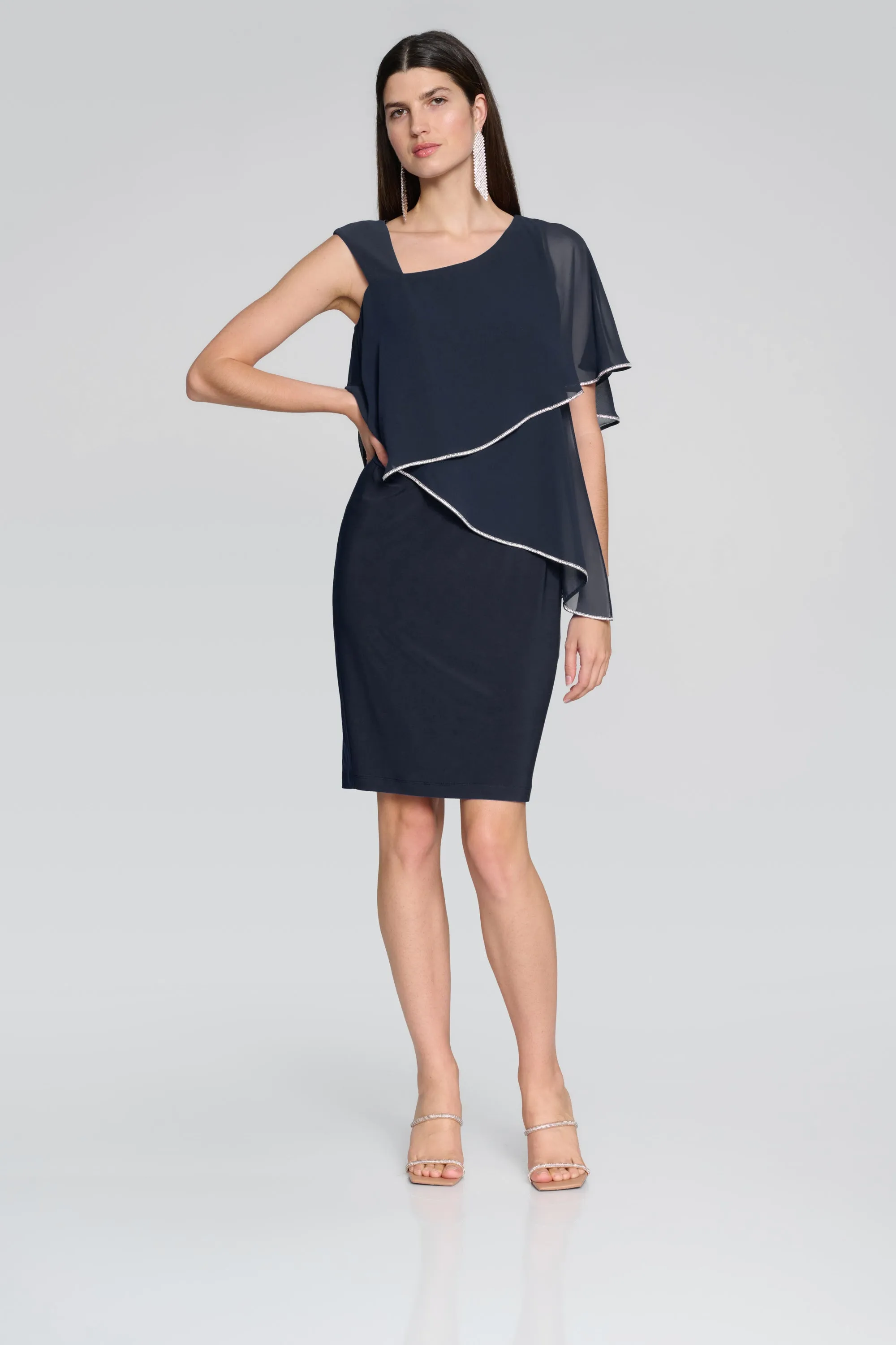 Silky Knit and Chiffon Asymmetrical Sheath Dress