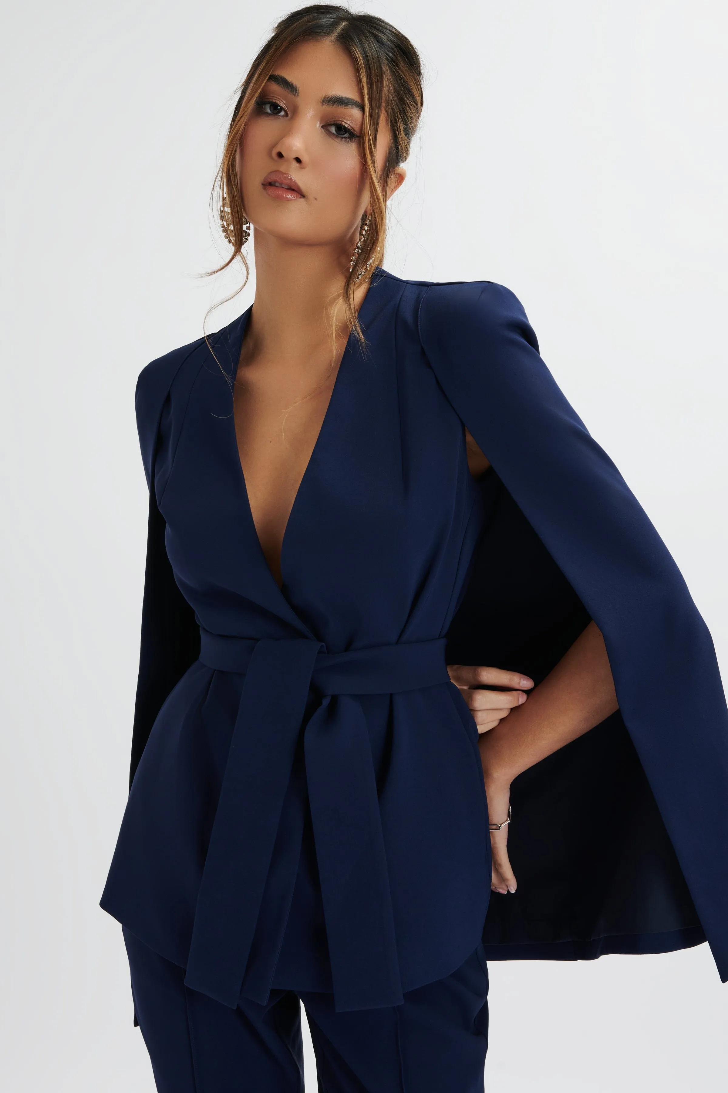 SKYE Belted Cape Blazer In Navy