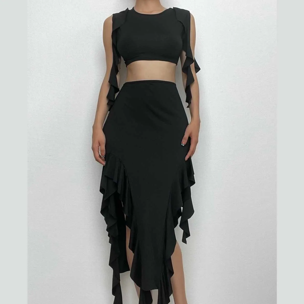 Sleeveless ruffle irregular solid maxi skirt set