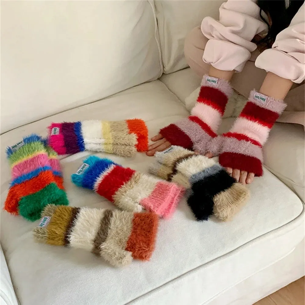 Sohiwoo Winter Rainbow Knitted Half Finger Gloves Mink Fleece Soft Warm Stripe Plush Fingerless Gloves Women's Long Wrist Mittens Decor