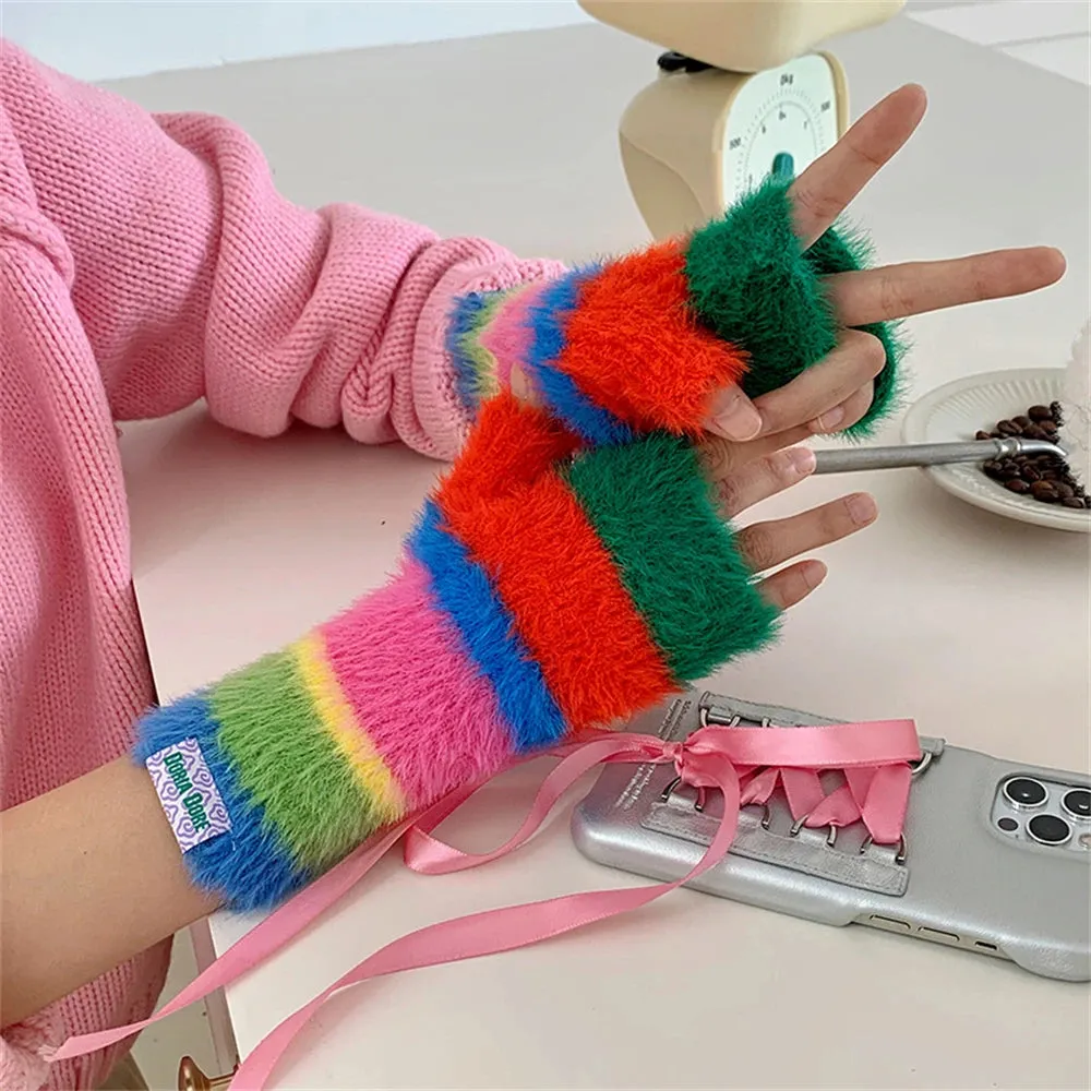 Sohiwoo Winter Rainbow Knitted Half Finger Gloves Mink Fleece Soft Warm Stripe Plush Fingerless Gloves Women's Long Wrist Mittens Decor