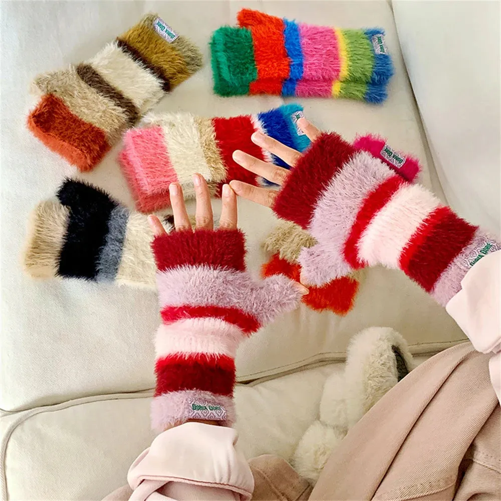 Sohiwoo Winter Rainbow Knitted Half Finger Gloves Mink Fleece Soft Warm Stripe Plush Fingerless Gloves Women's Long Wrist Mittens Decor