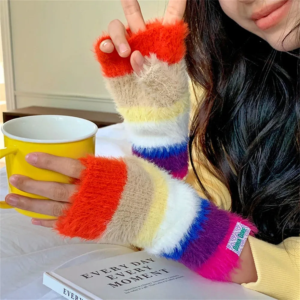 Sohiwoo Winter Rainbow Knitted Half Finger Gloves Mink Fleece Soft Warm Stripe Plush Fingerless Gloves Women's Long Wrist Mittens Decor