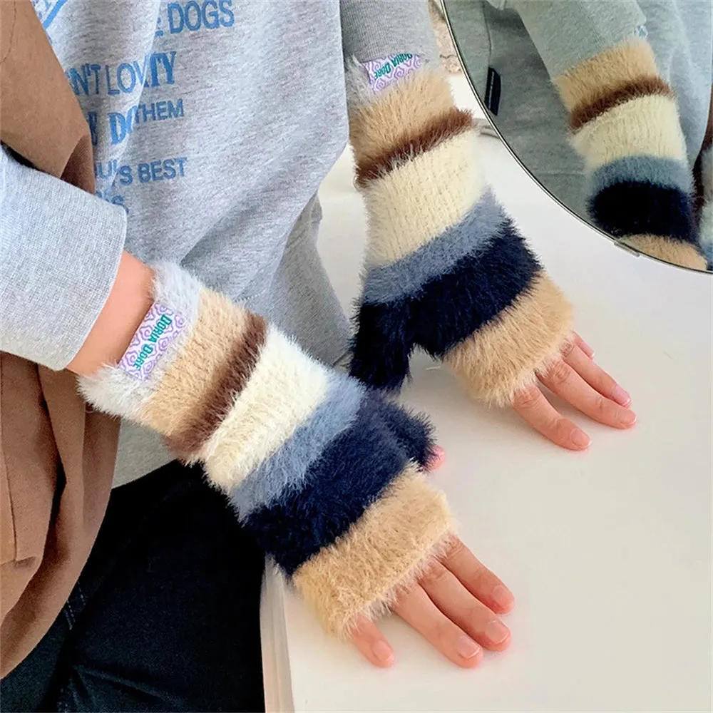 Sohiwoo Winter Rainbow Knitted Half Finger Gloves Mink Fleece Soft Warm Stripe Plush Fingerless Gloves Women's Long Wrist Mittens Decor