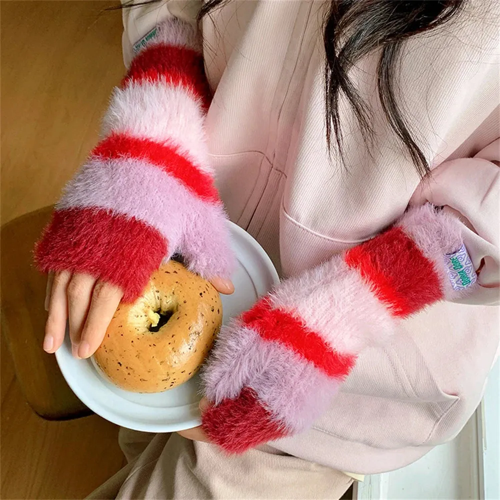 Sohiwoo Winter Rainbow Knitted Half Finger Gloves Mink Fleece Soft Warm Stripe Plush Fingerless Gloves Women's Long Wrist Mittens Decor