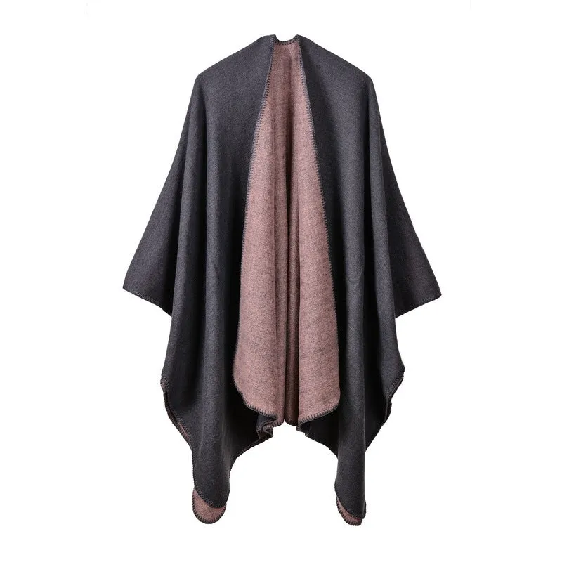 Solid Color Imitation Cashmere Large Slit Warm Monochrome Cape Plain Cape, Gift for Women