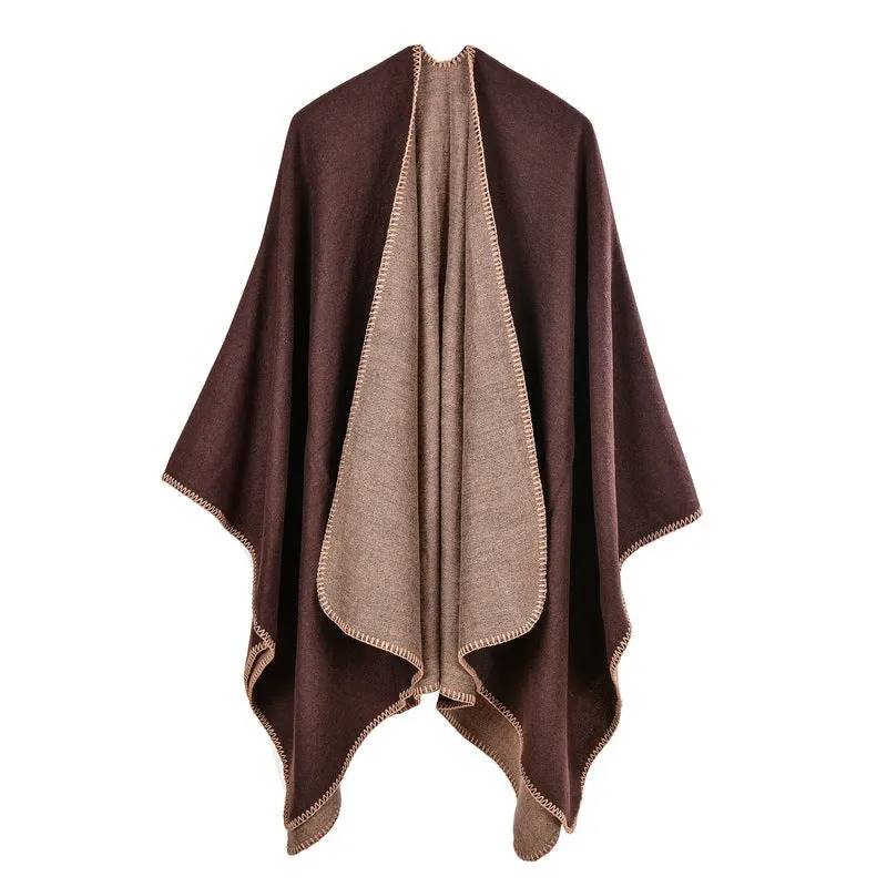 Solid Color Imitation Cashmere Large Slit Warm Monochrome Cape Plain Cape, Gift for Women