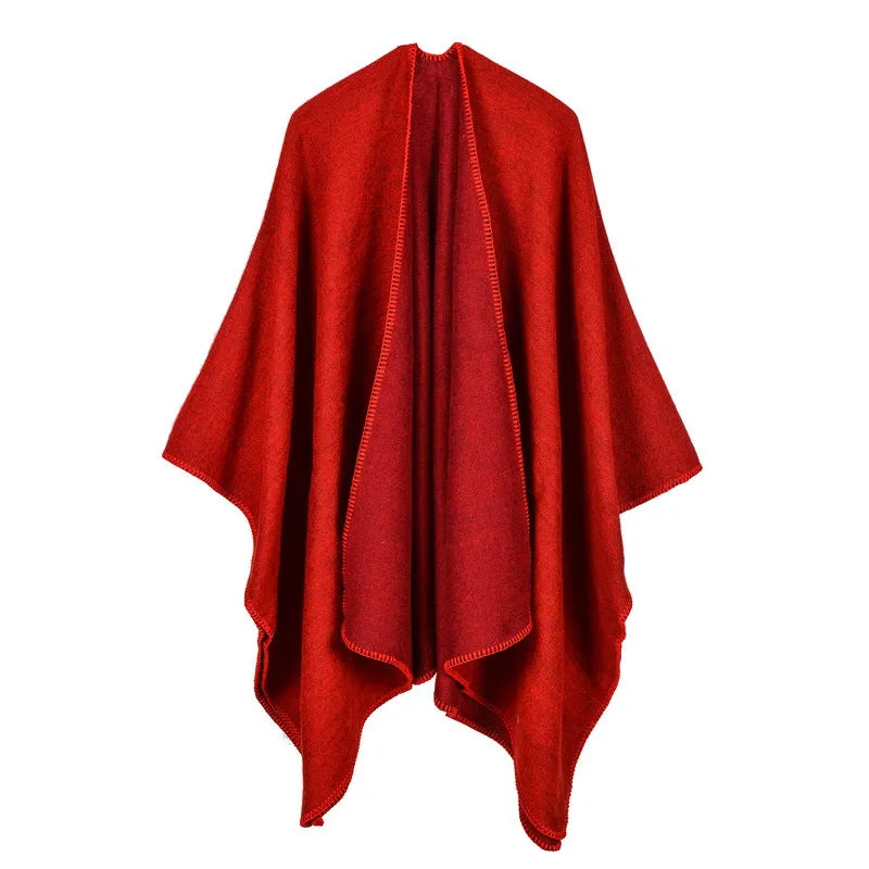 Solid Color Imitation Cashmere Large Slit Warm Monochrome Cape Plain Cape, Gift for Women