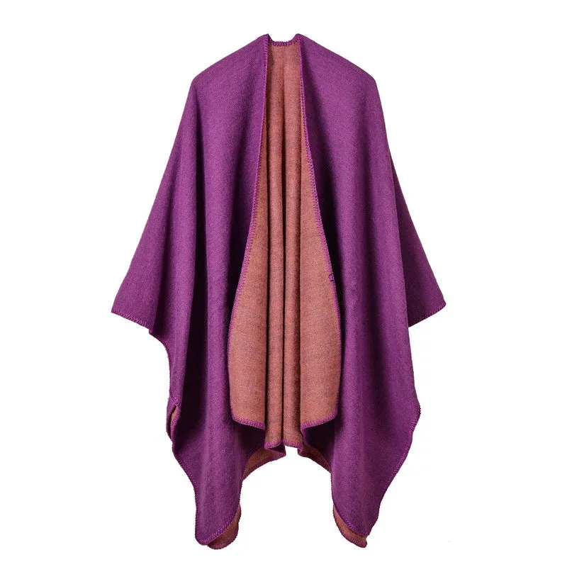 Solid Color Imitation Cashmere Large Slit Warm Monochrome Cape Plain Cape, Gift for Women