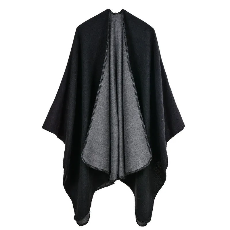 Solid Color Imitation Cashmere Large Slit Warm Monochrome Cape Plain Cape, Gift for Women