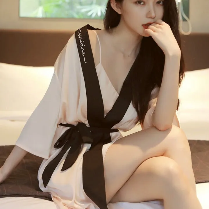 Summer Women's Pajamas Robe Set Fashion Hit Colors Bathrobe Sleepwear Silk Like Leisure Home Clothes Sling Dress