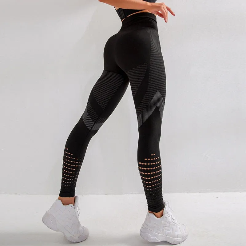 SVOKOR High Waist Fitness Leggings Women Sexy Seamless Leggings Hollow Printed Workout Pants Push Up Slim Elasticity