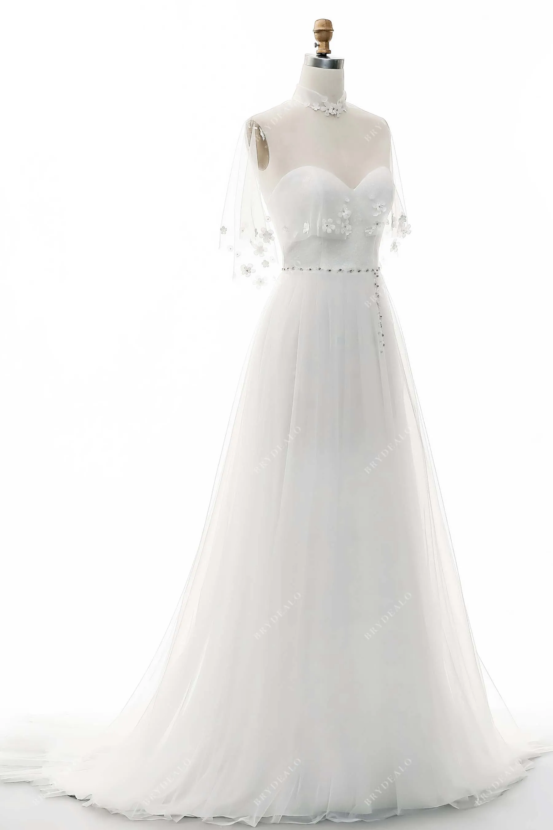 Sweetheart Neck Sequin Tulle A-line Wedding Dress Illusion Cape