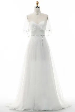 Sweetheart Neck Sequin Tulle A-line Wedding Dress Illusion Cape