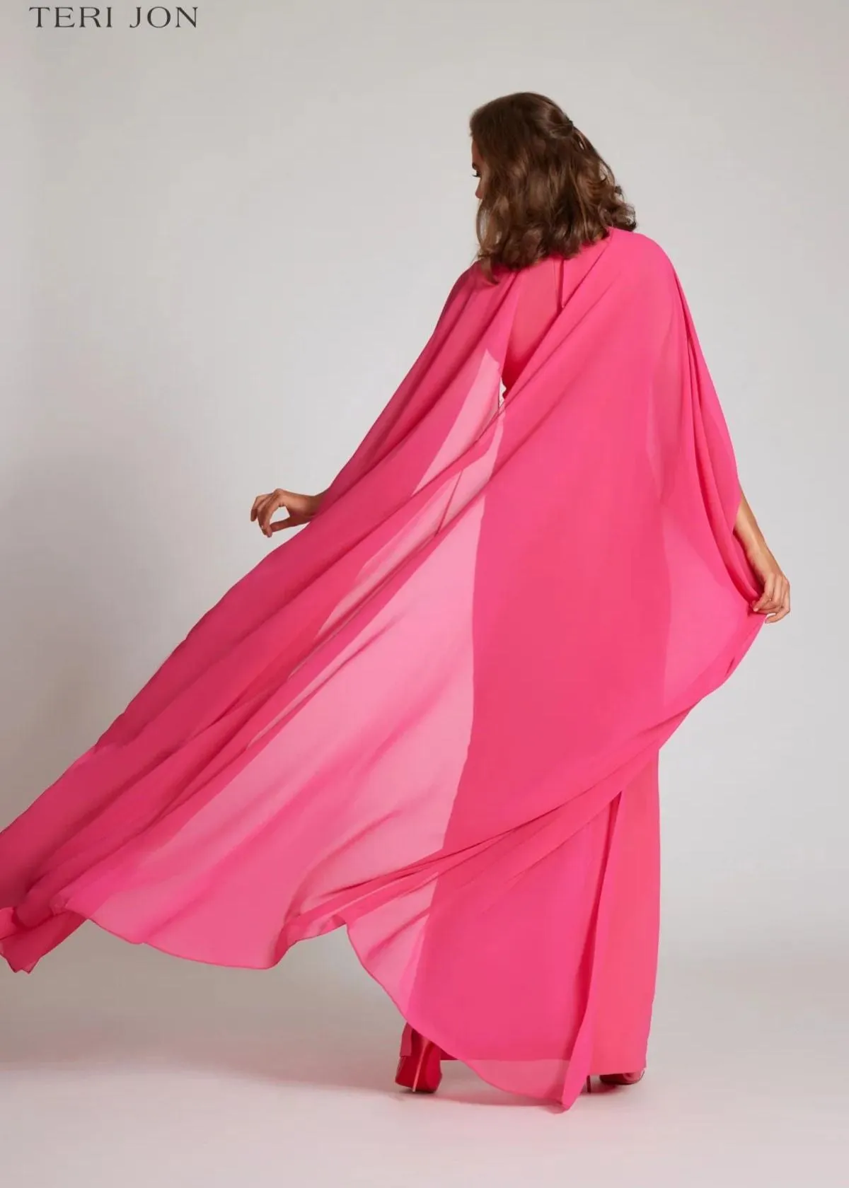 TERI JON Crepe Column Gown with Chiffon Overlay - Watermelon